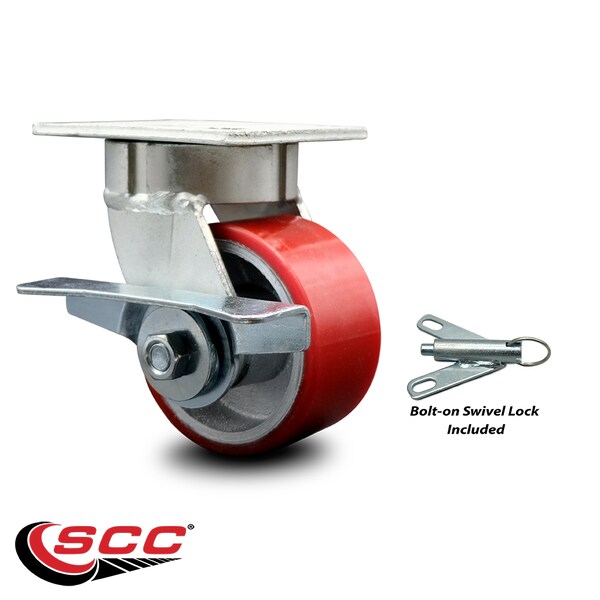 4 Inch Kingpinless Red Poly on Steel Wheel Caster with Brake and Swivel Lock